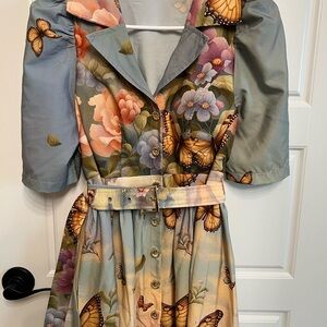 Floral and Butterfly Print Dress with Belt
